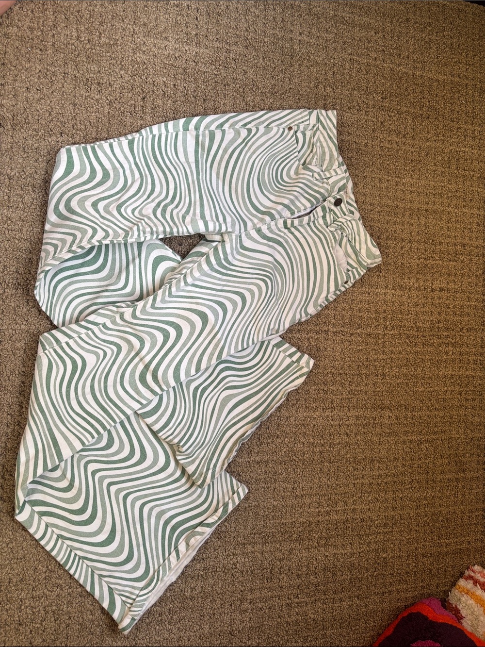Machine White & Green Wavy Stripe Flare Jeans